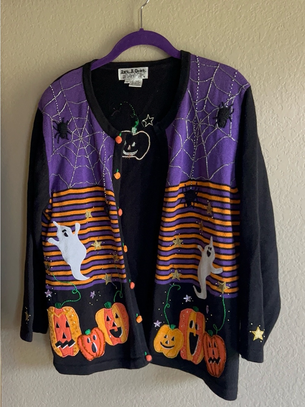 Jack B. Quick Halloween Cardigan Sweater - Black with Ghosts, Spiders, Pumpkins - Picture 2 of 9